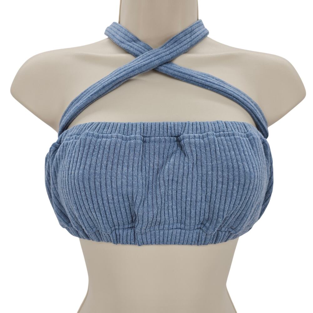 Revolve Weworewhat Womans size M Tie Halter Bra Top Wide Rib Blue Bandeaux NEW